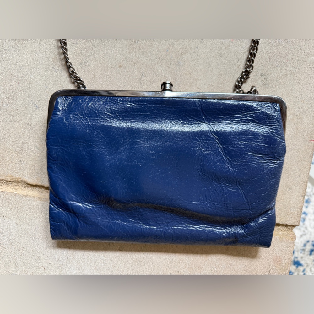 Vintage Y2K HOBO navy blue patent leather wallet on crossbody chain.